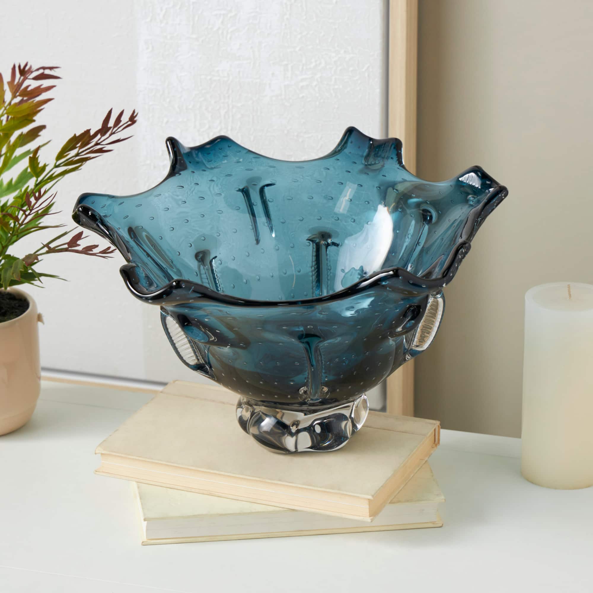 13" Dark Blue Ombre Glass Bowl